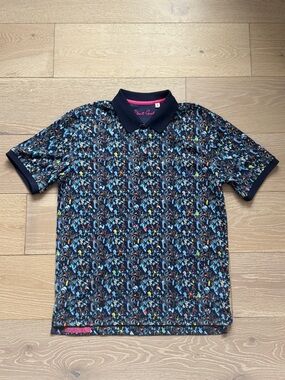 Robert Graham Multicolor Abstract Polo with Navy Collar and Pink Trim